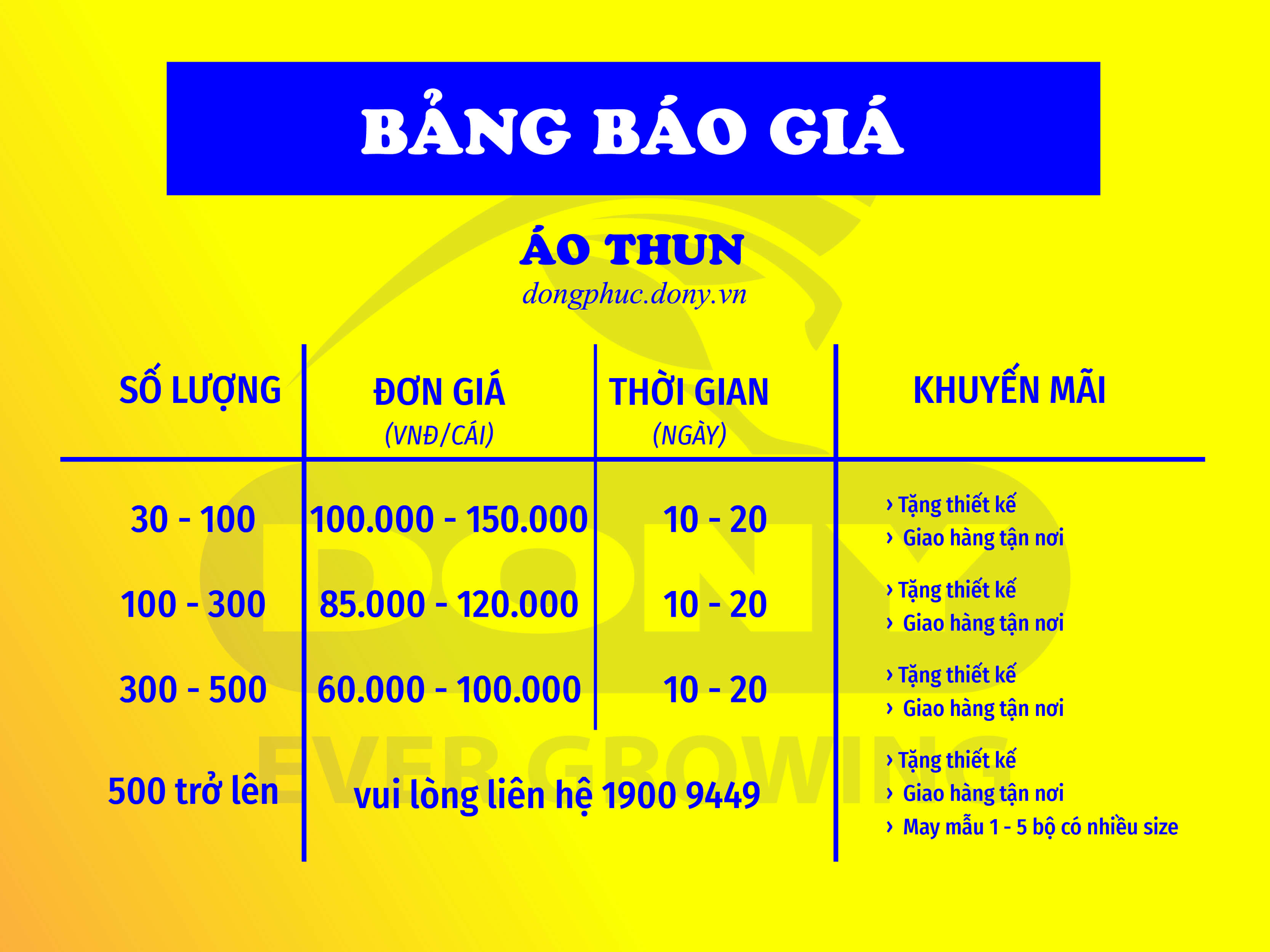 BẢNG BÁO GIÁ ÁO THUN ĐỒNG PHỤC