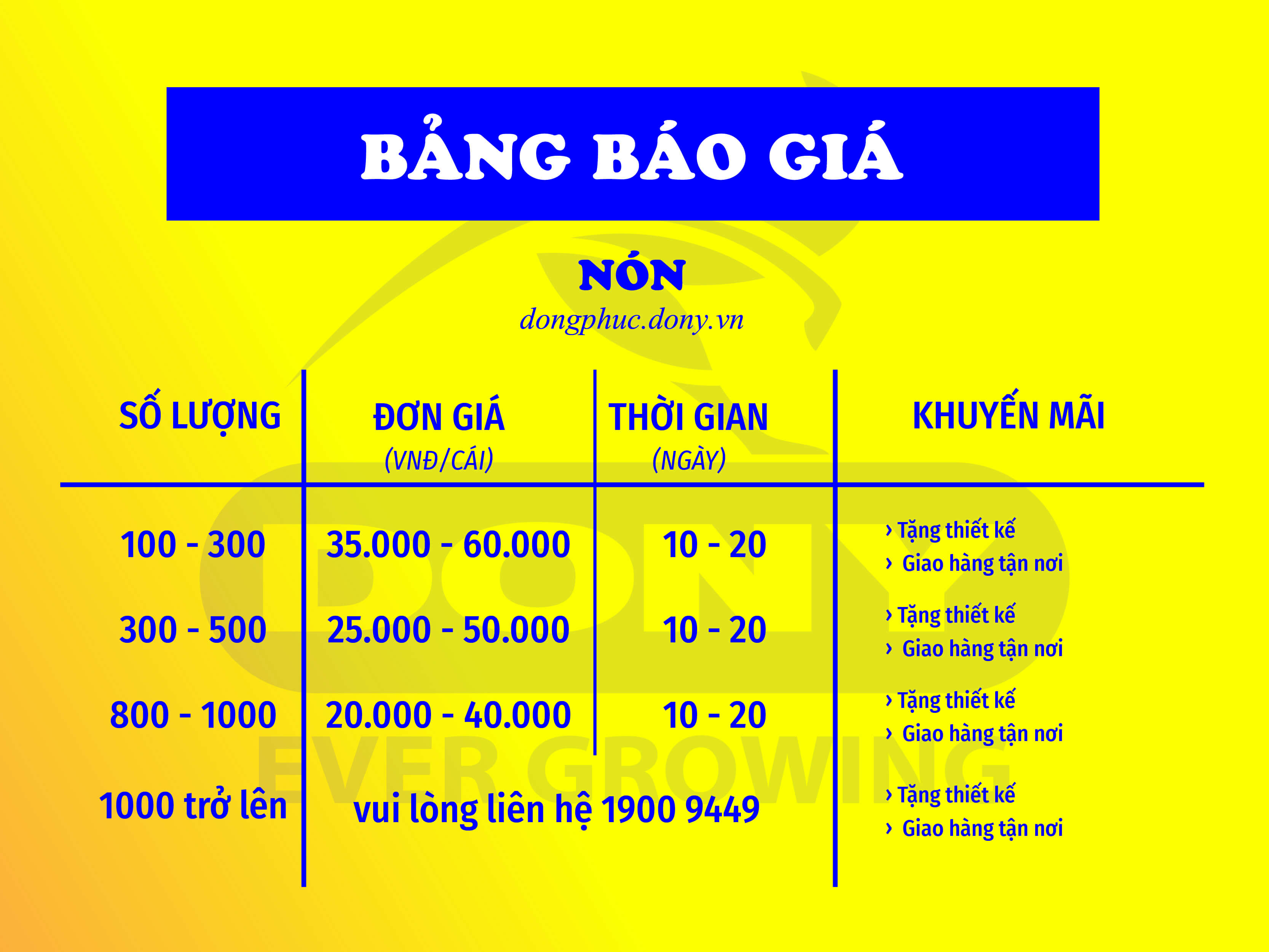 BẢNG BÁO GIÁ NÓN MŨ ĐỒNG PHỤC