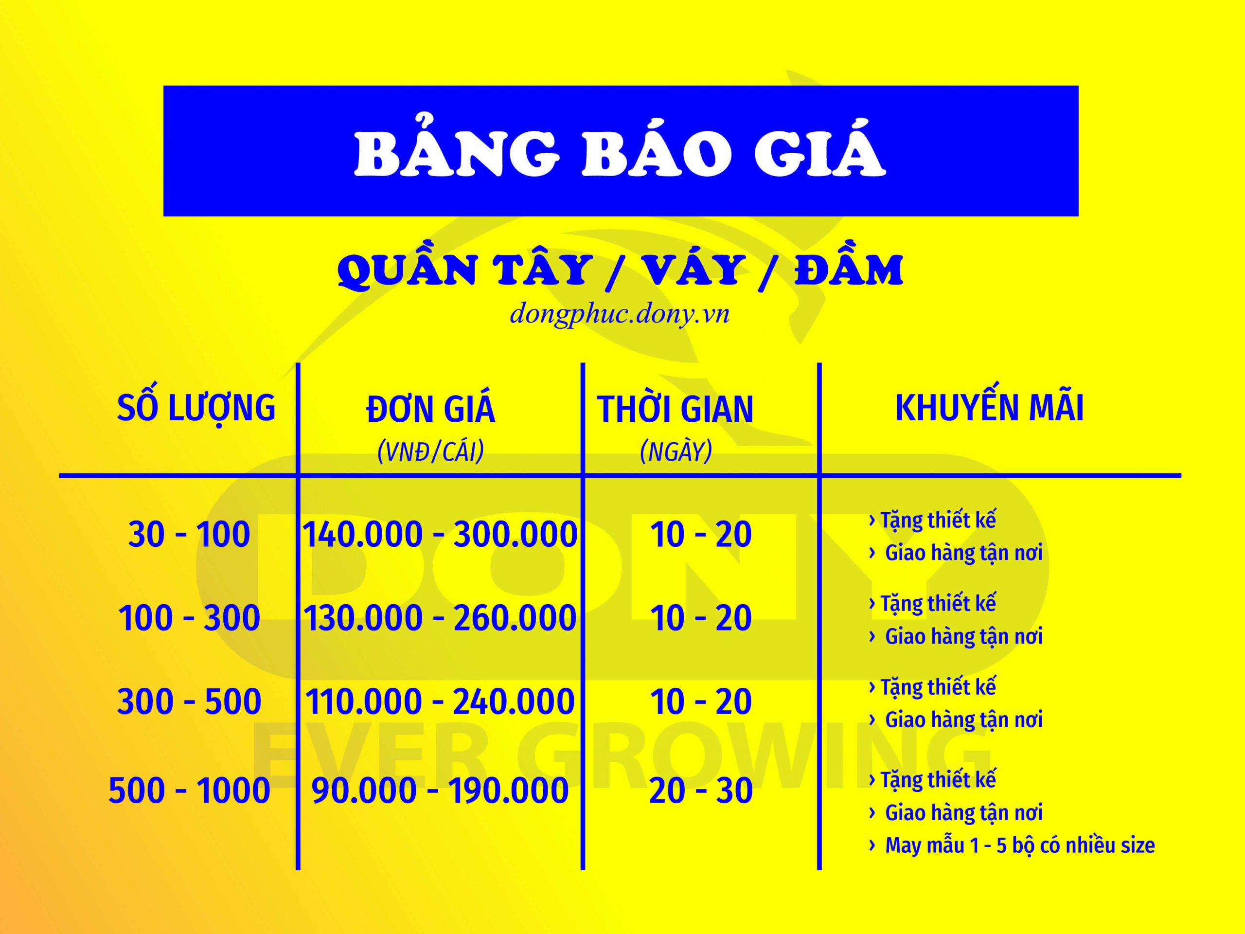 Bảng báo giá áo thun - Áo sơ mi -Áo khoác - Mũ nón đồng phục 5 BẢNG BÁO GIÁ QUẦN TÂY, VÁY, ĐẦM ĐỒNG PHỤC