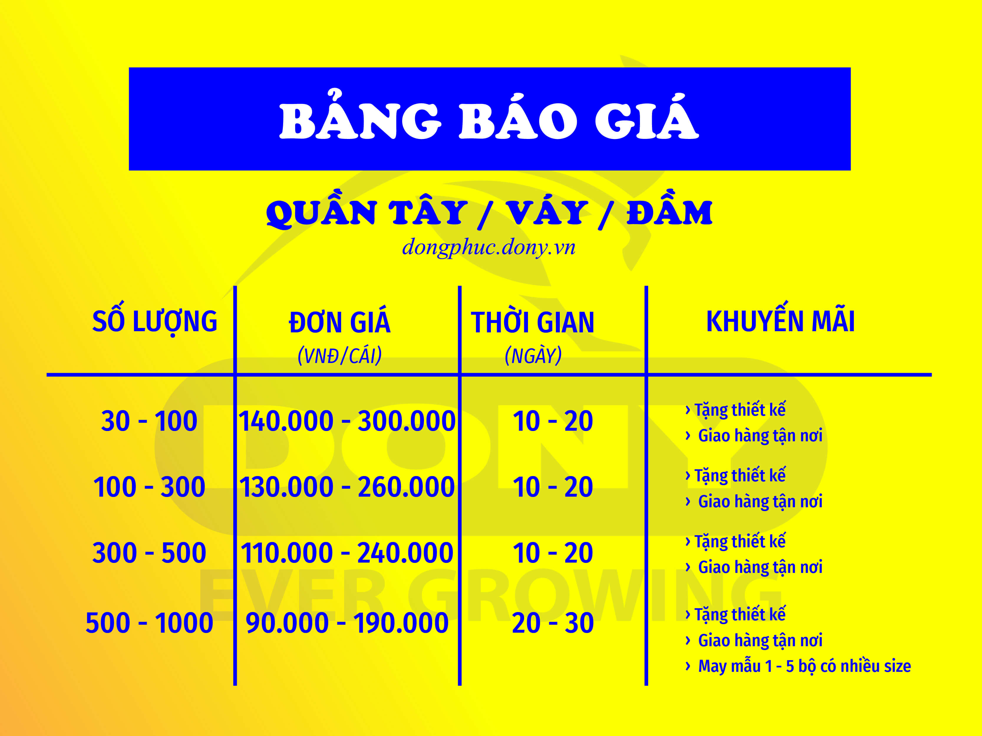 BẢNG BÁO GIÁ QUẦN TÂY, VÁY, ĐẦM ĐỒNG PHỤC