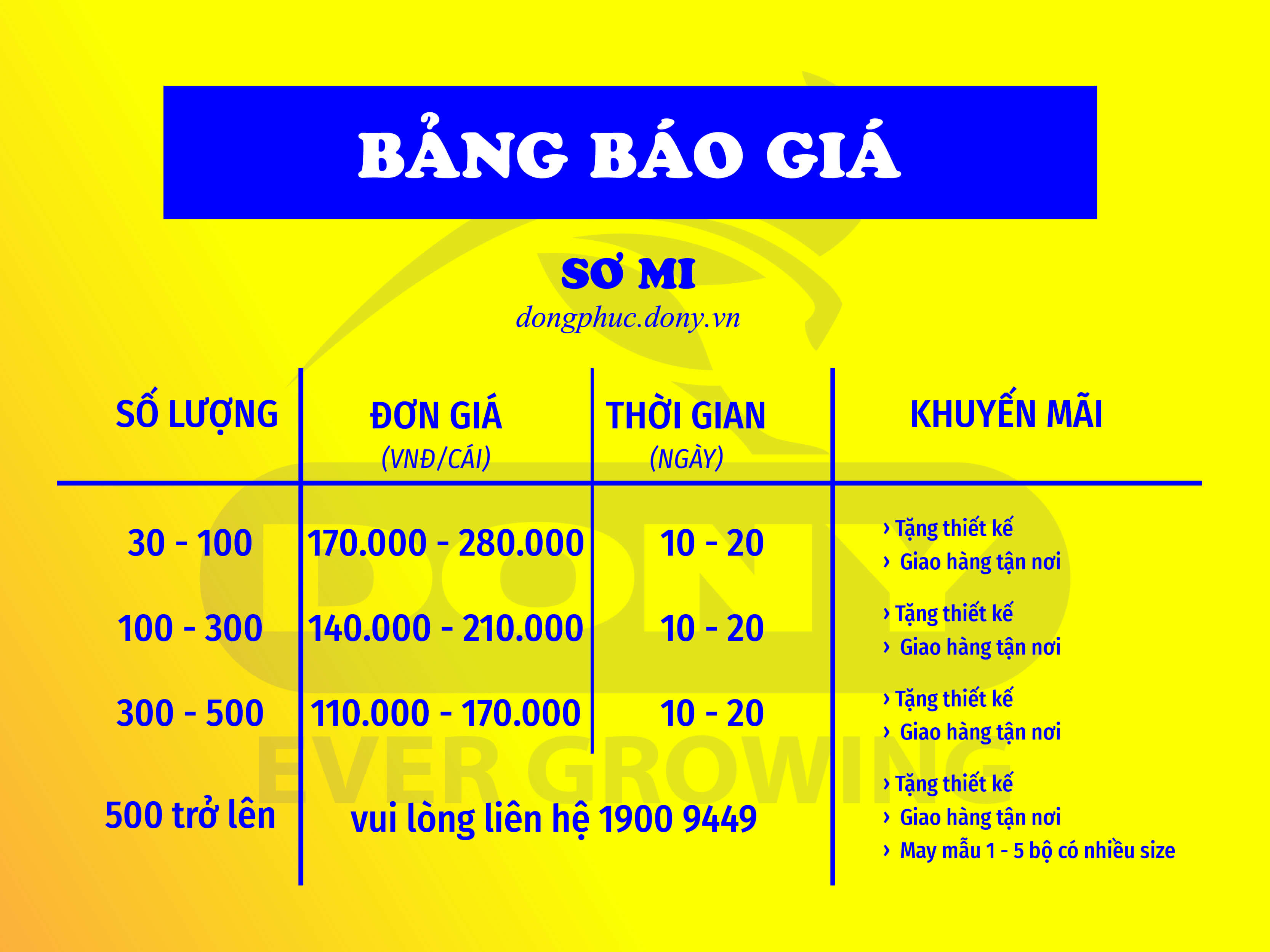 BẢNG BÁO GIÁ ÁO SƠ MI ĐỒNG PHỤC