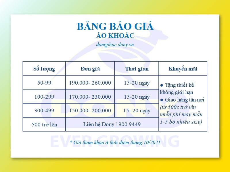 BẢNG BÁO GIÁ ÁO KHOÁC ĐỒNG PHỤC ÁO KHOÁC