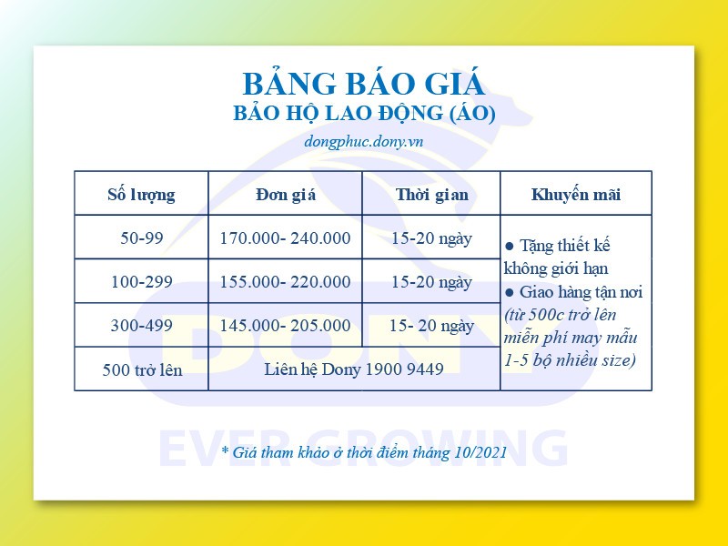 BẢNG BÁO GIÁ ĐỒ BẢO HỘ LAO ĐỘNG (ÁO)