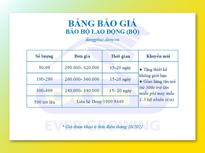 BẢNG BÁO GIÁ ĐỒ BẢO HỘ LAO ĐỘNG (BỘ)