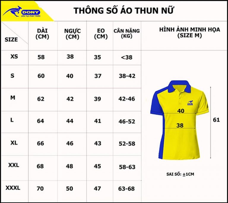 Bảng thông số size đồng phục áo thun cổ trụ nữ