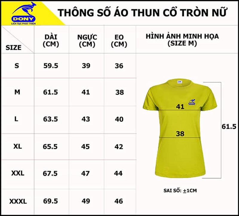 Bảng thông số size chuẩn áo thun cổ tròn nữ