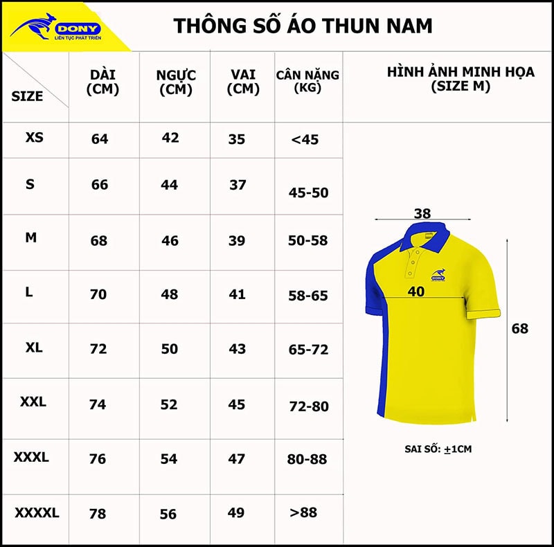 Bảng thông số size đồng phục áo thun cổ trụ nam