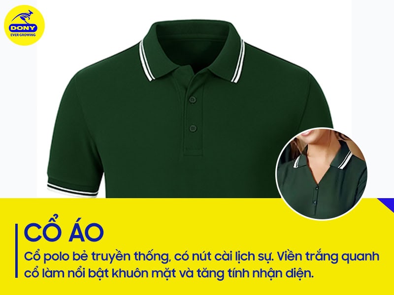 Cổ áo polo bẻ truyền thống, có nút cài lịch sự.