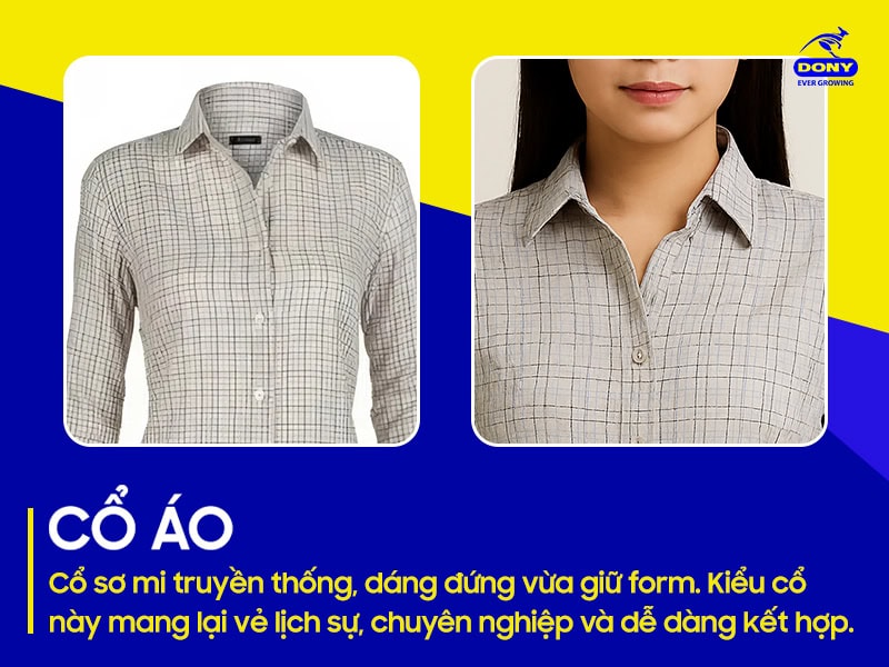 Cổ sơ mi truyền thống, lịch sự và chuyên nghiệp.