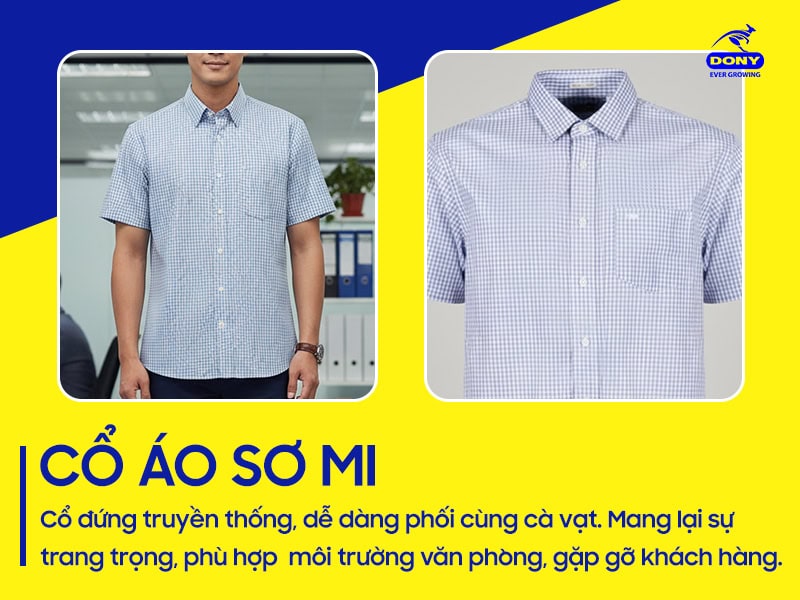 Cổ áo sơ mi truyền thống, dễ phối cùng phụ kiện.