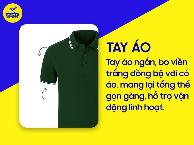 Tay áo ngắn, bo viền trắng đồng bộ với cổ.