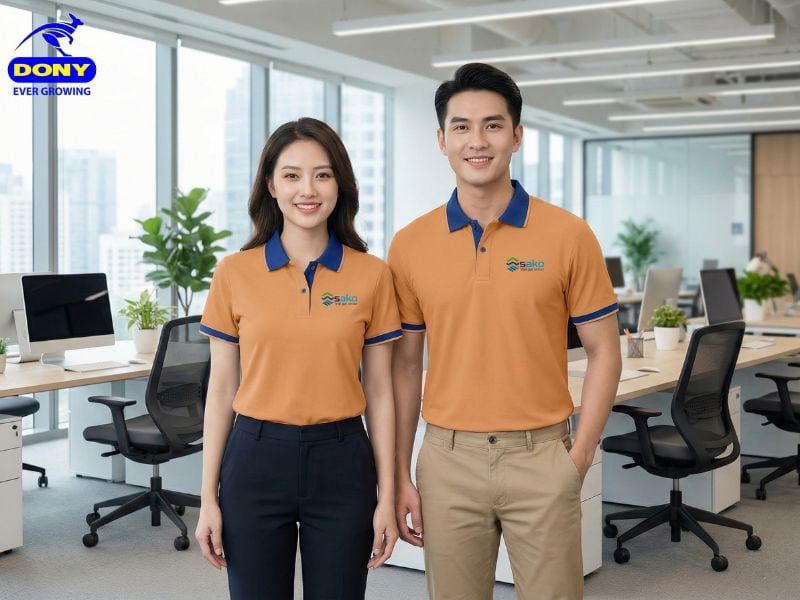 Mẫu polo đồng phục cam đất phối xanh than