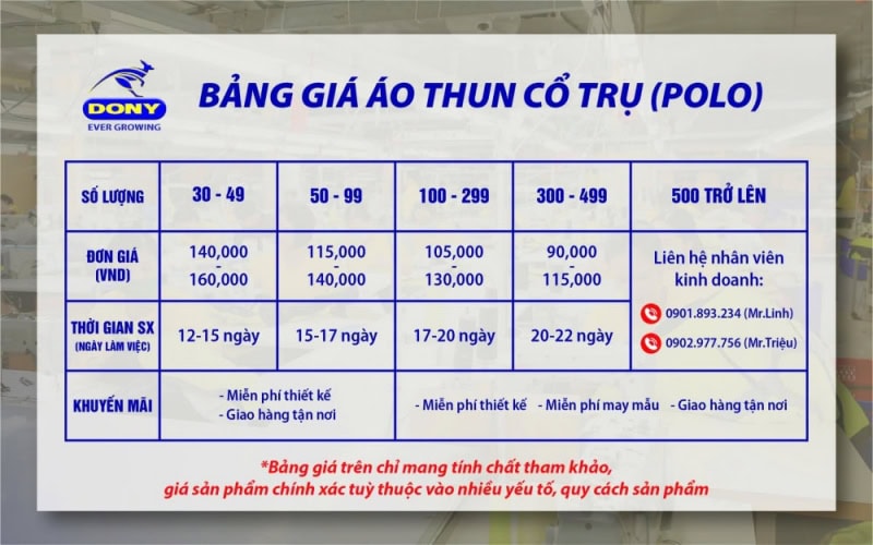 Bảng giá may áo polo đồng phục DONY