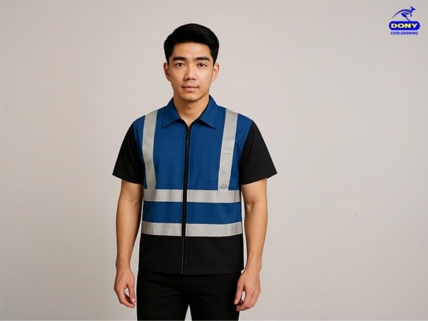 Mẫu áo phản quang tay ngắn xanh phối đen