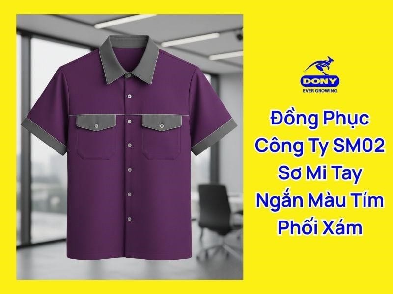 Mẫu áo sơ mi đồng phục công ty màu tím phối xám