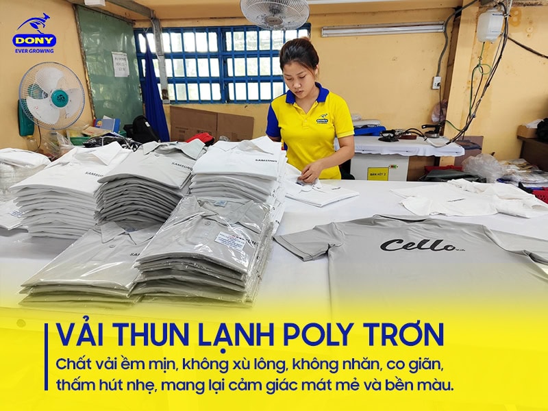 Vải thun lạnh poly trơn, mát, co giãn tốt, không nhăn.