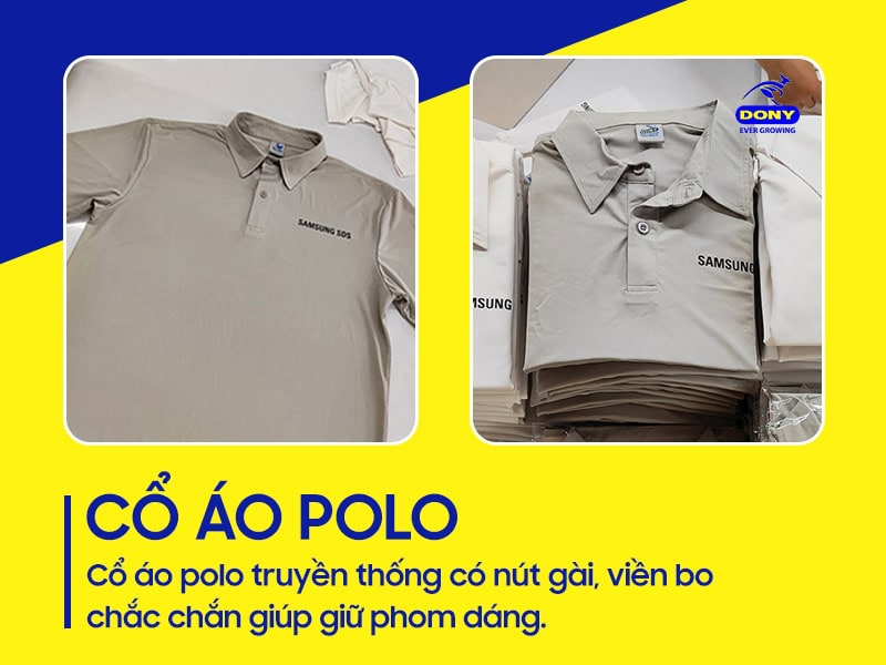 Cổ bẻ polo phối nút, giữ phom chuẩn, chuyên nghiệp.