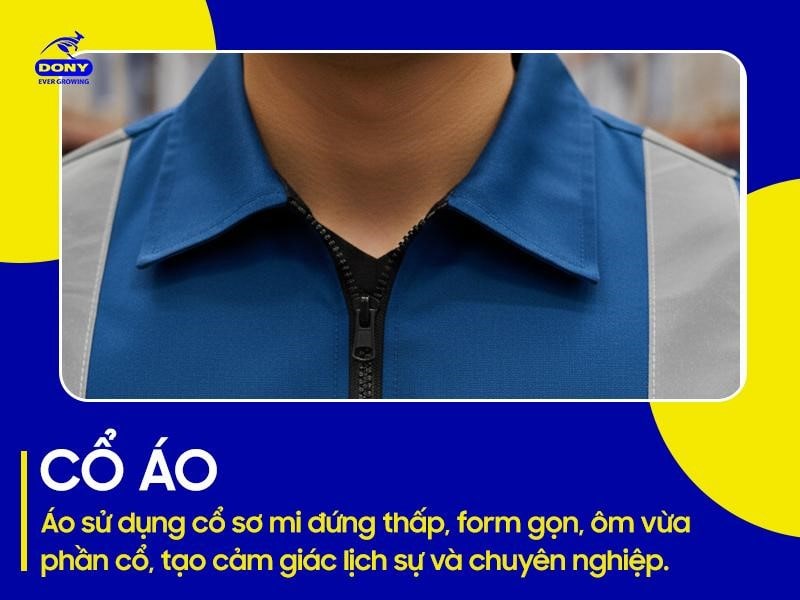 Áo sử dụng cổ sơ mi đứng thấp, form gọn, ôm vừa phần cổ