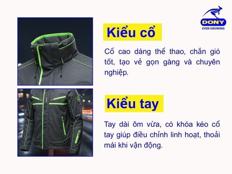 Cổ áo dáng thể thao, tay áo ôm vừa gọn gàng