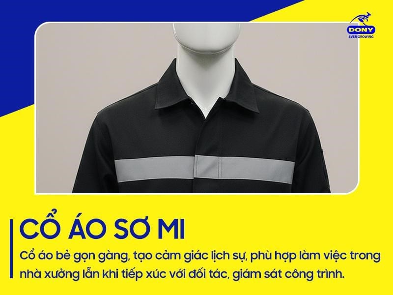 Cổ áo thiết kế dạng cổ bẻ gọn gàng, tạo cảm giác lịch sự