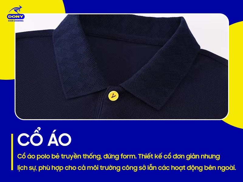 Cổ áo polo bẻ truyền thống, được may đứng form, không bị nhão hay vặn cổ