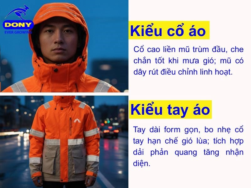 Áo thiết kế cổ cao liền mũ trùm đầu, tay áo form gọn