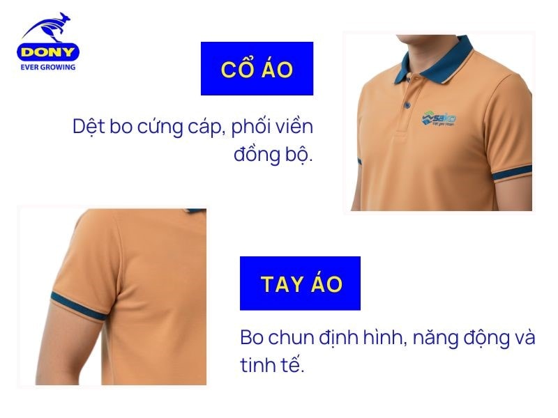 Phần cổ áo được dệt bo chắc chắn, tay áo bo nhẹ gọn gàng