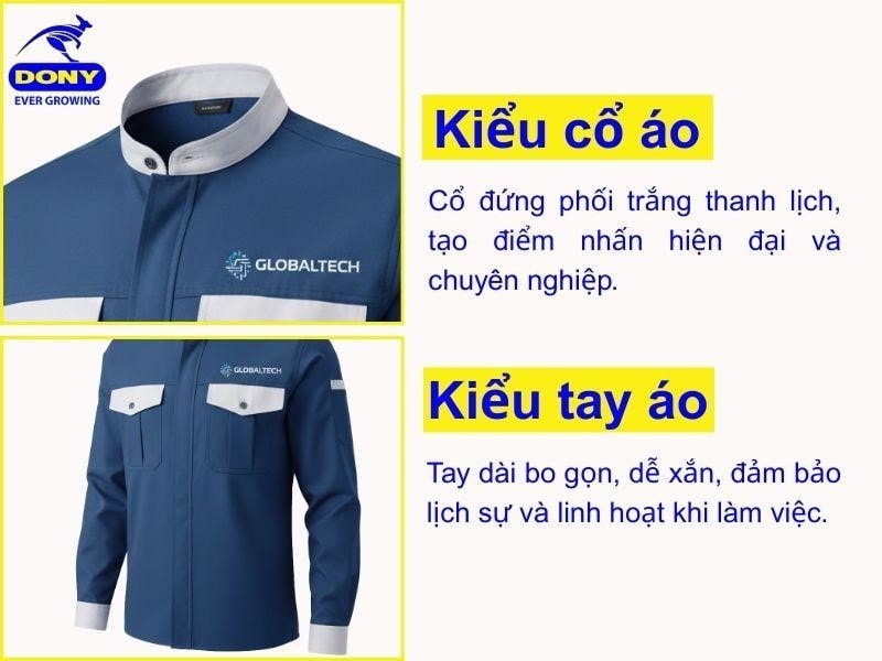 Áo sử dụng cổ đứng phối trắng thanh lịch, tay dài bo gọn