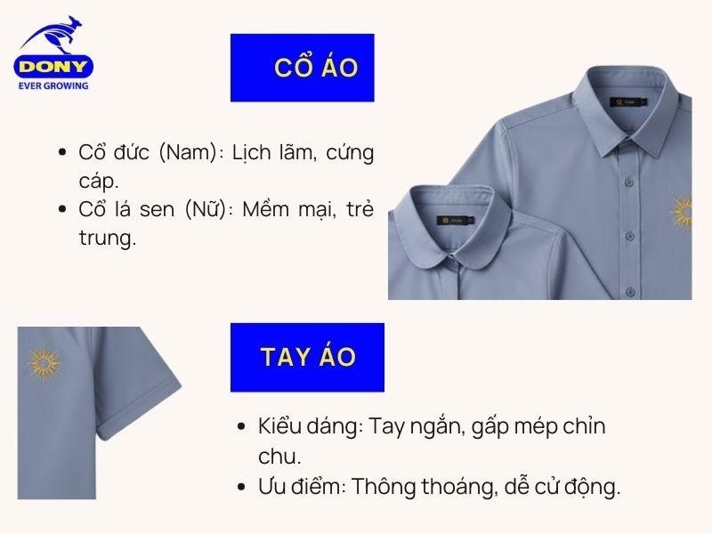 Cổ áo thiết kế tinh tế riêng cho nam và nữ, tay áo ngắn gọn gàng