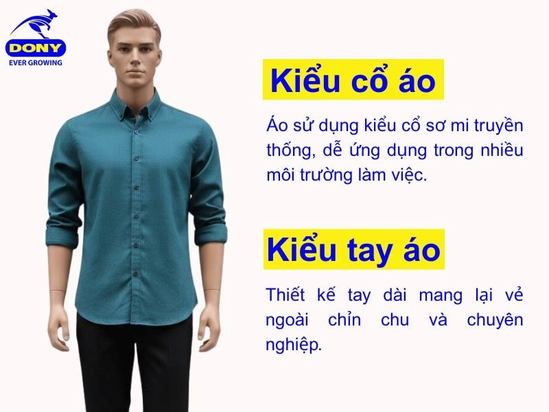 Áo sử dụng kiểu cổ sơ mi truyền thống, tay dài chỉnh chu