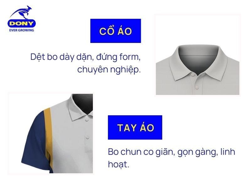 Phần cổ áo được dệt bo dày dặn, tay áo ngắn bo chun gọn gàng
