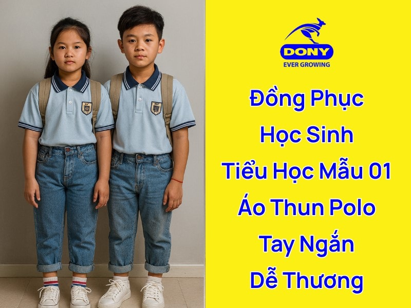 Đồng phục áo polo tay ngắn màu xanh cho học sinh tiểu học