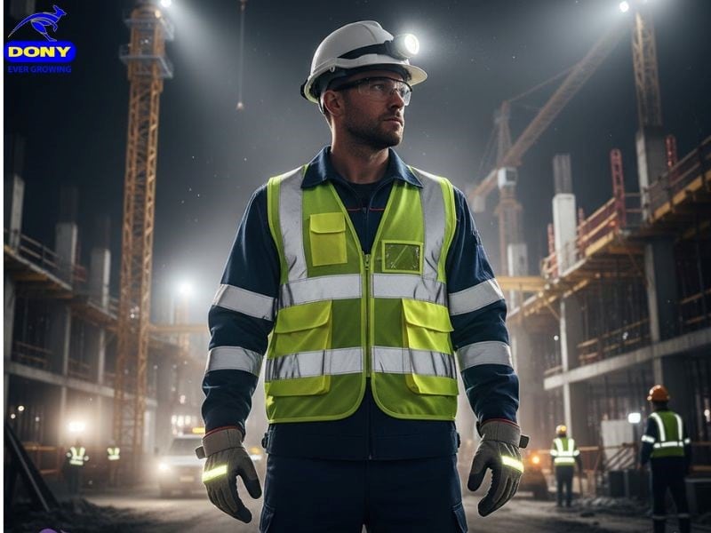 Áo gile phản quang công nhân xây dựng làm việc ban đêm