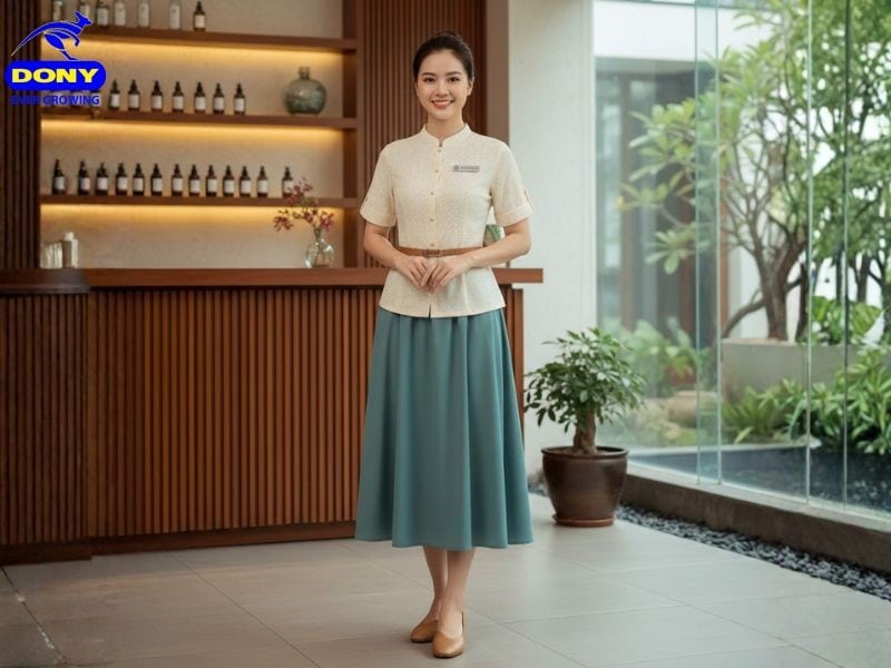 Đồng phục lễ tân spa phối áo và chân váy rời thanh lịch