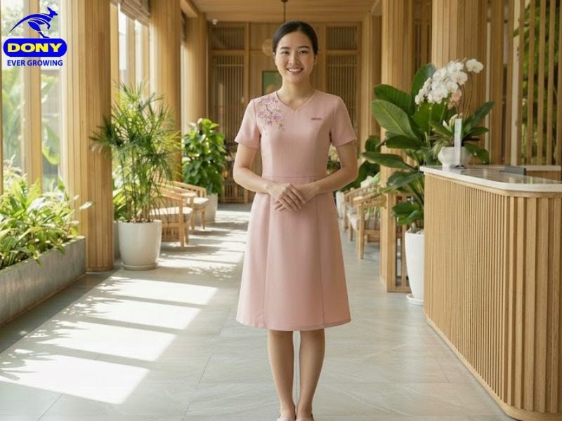 Đồng phục lễ tân spa đầm ôm dáng chữ A cổ tim thanh lịch