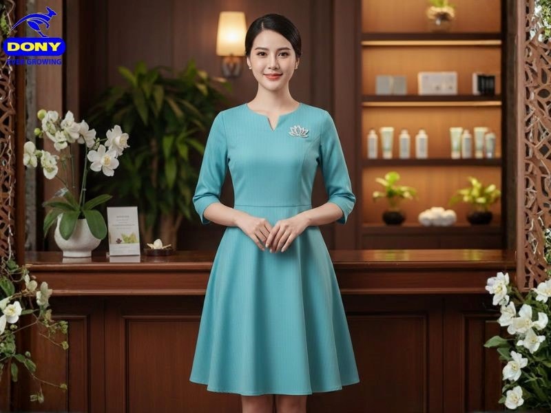 Đồng phục lễ tân spa đầm ôm dáng chữ A tay lỡ
