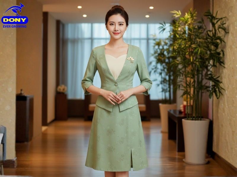 Set đồng phục lễ tân spa cổ tim thanh lịch