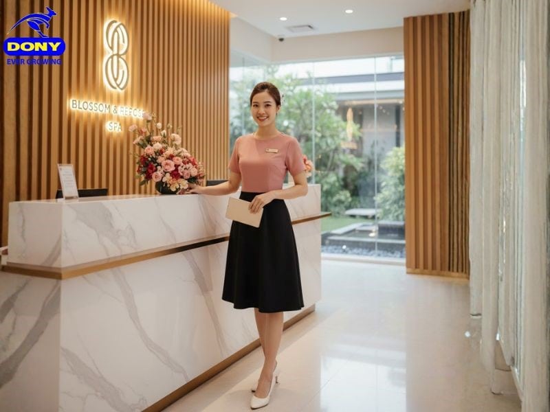 Set đồng phục lễ tân spa tay ngắn phối váy năng động