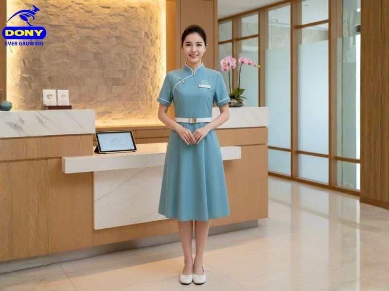 Đồng phục lễ tân spa váy liền thân cổ tàu