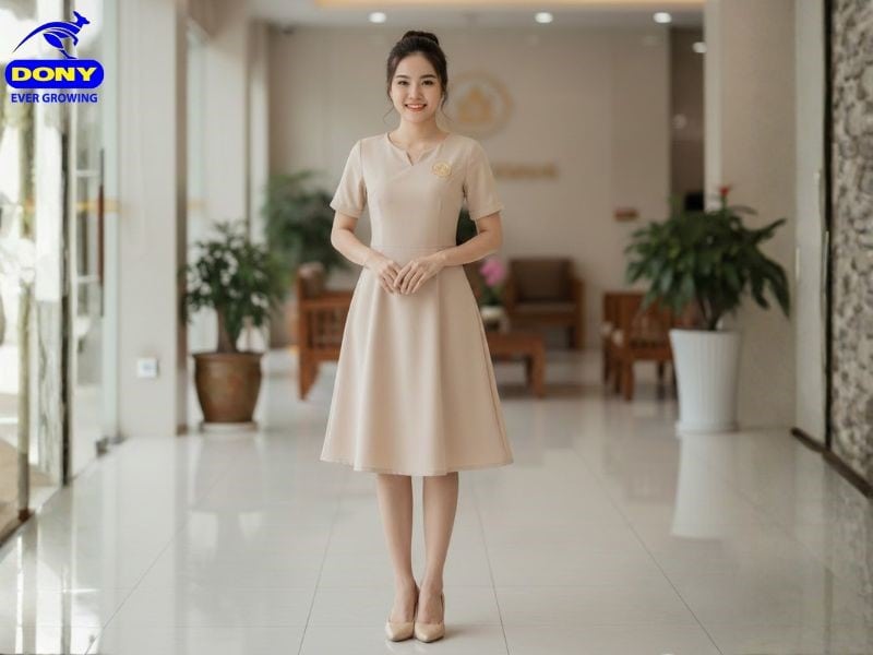Đồng phục lễ tân spa váy liền thân cổ tim