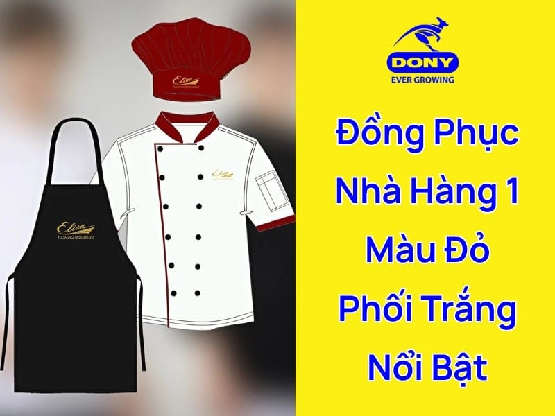 đồng phục nhà hàng màu đỏ phối trắng
