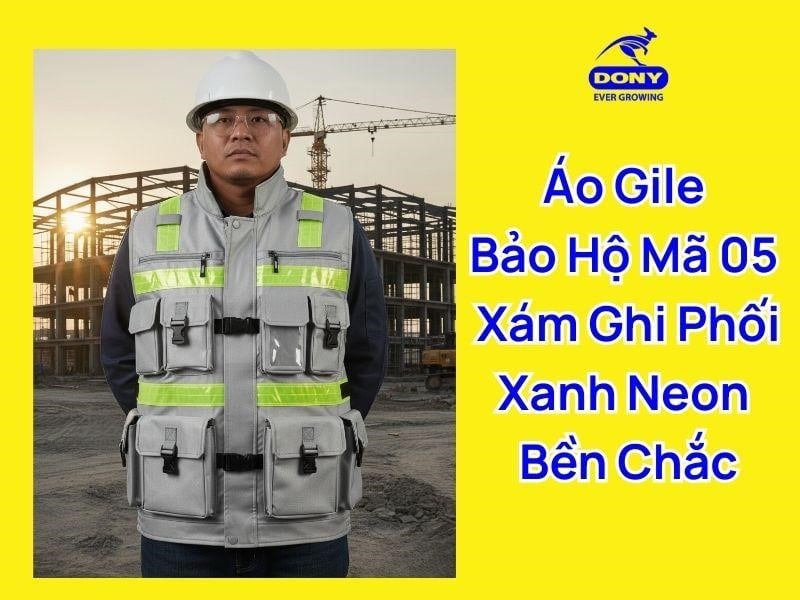 Mẫu áo gile bảo hộ lao động màu xám ghi phối xanh neon