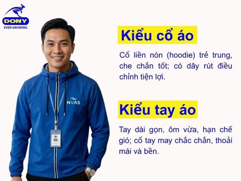 Kiểu cổ liền nón (hoodie) mang phong cách trẻ trung, tay áo gọn gàng
