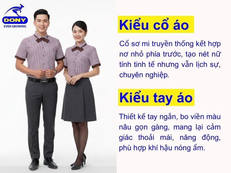 Áo sử dụng cổ sơ mi truyền thống kết hợp nơ nhỏ phía trước, thiết kế tay ngắn gọn gàng