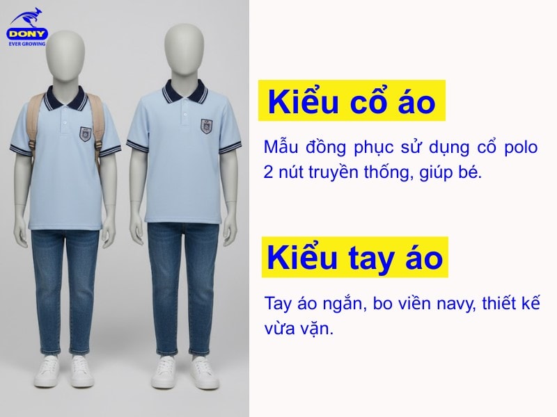 Cổ bẻ 2 nút và tay ngắn bo viền