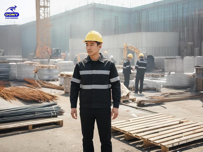 Mẫu áo phản quang tay dài màu đen phù hợp cho môi trường lao động ngoài trời và nhà xưởng.