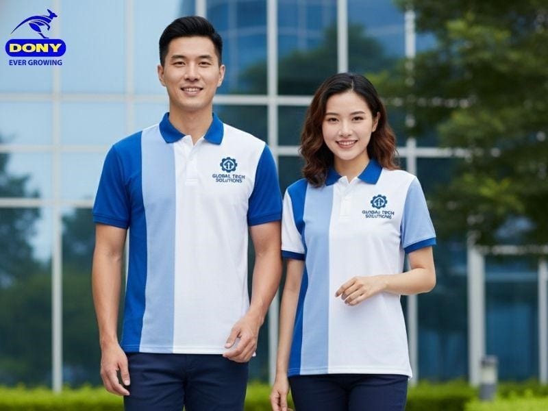 Mẫu áo polo đồng phục tay ngắn trắng phối xanh dương
