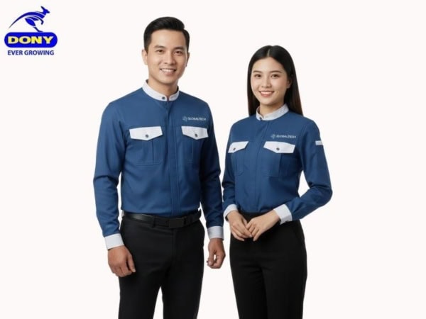 Mẫu áo sơ mi đồng phục xanh phối trắng