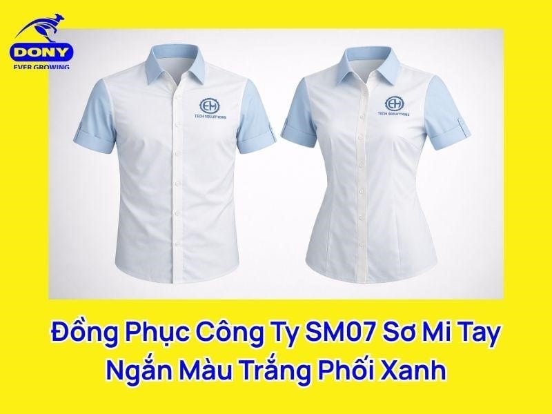 Mẫu áo sơ mi đồng phục tay ngắn trắng phối xanh