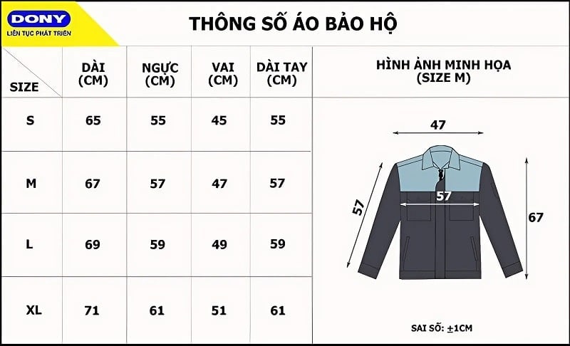 Bảng size may áo đồng phục công nhân DONY